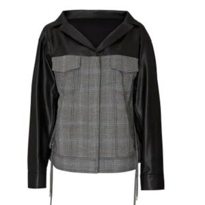 ADEAM Oversized Ruched Jacket Gray Plaid with faux Leather Sleeves
